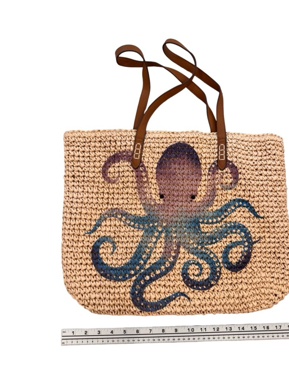 INC. Straw Tote with Blue and Purple Octopus and Brown Straps - Picture 5 of 6